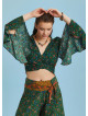 Green Flowers Patterned Gypsy Style Bell Sleeve Crop Top