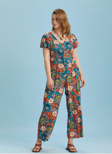 Half Sleeve Floral Patterned Plus Size Jumpsuit