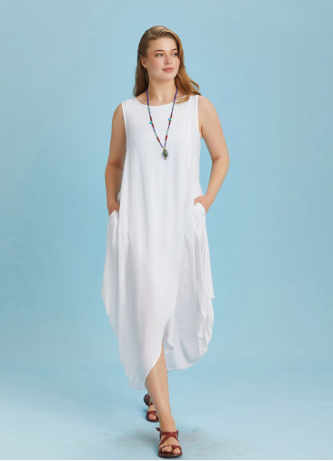 Sleeveless Front Layered White Baggy Plus Size Dress