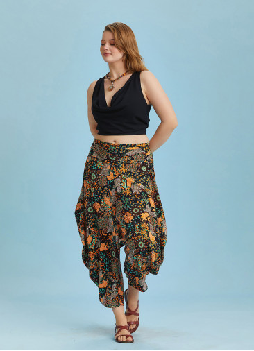 Draped Elastic Waist Floral Print Plus Size Pants