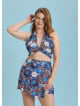 Boho Chic Shirred Back Tie Neck Halter Blue Plus Size Crop Top