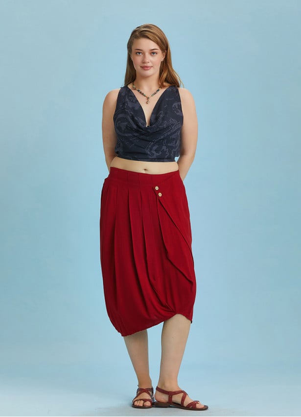 Button Closure Wrap Front Red Plus Size Skirt