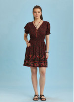 V Necklined Red Rose Print Puff Sleeve Short Dress