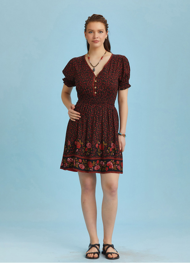 V Necklined Red Rose Print Puff Sleeve Short Dress