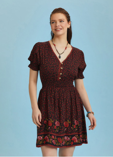 V Necklined Red Rose Print Puff Sleeve Short Dress