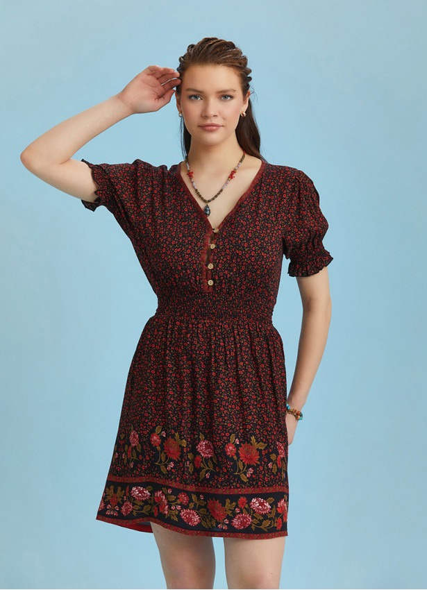 V Necklined Red Rose Print Puff Sleeve Short Dress