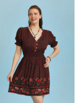 V Necklined Red Rose Print Puff Sleeve Short Dress