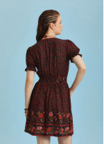 V Necklined Red Rose Print Puff Sleeve Short Dress