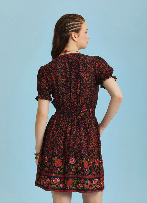 V Necklined Red Rose Print Puff Sleeve Short Dress