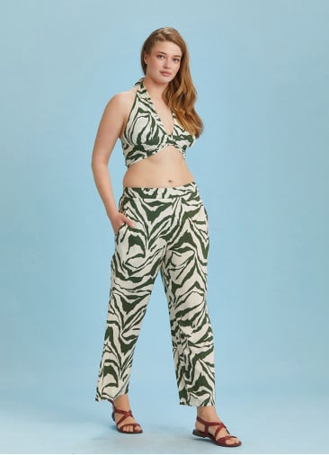 Green Printed Elastic Waist Plus Size Pants