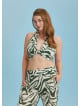 Boho Chic Shirred Back Tie Neck Halter Green Crop Plus Size Top