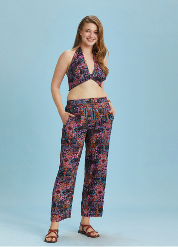 Lilac Printed Elastic Waist Plus Size Pants