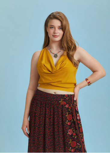 Elastic Hem Sleeveless Yellow Cowl Neck Plus Size Top