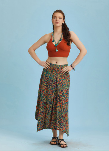 Ethnic Printed Asymmetrical Hem Flared Midi Skirt