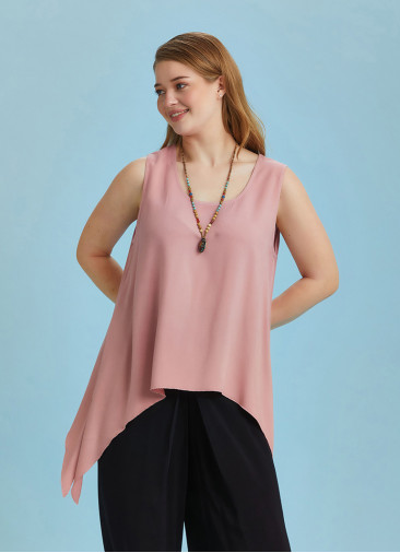 Loose Fit Side Slits Boat Neck Pink Plus Size Top