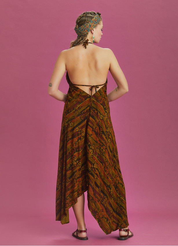 Backless Khaki Print Handkerchief Dress