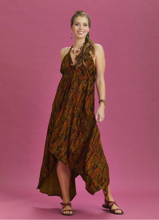 Backless Khaki Print Handkerchief Dress