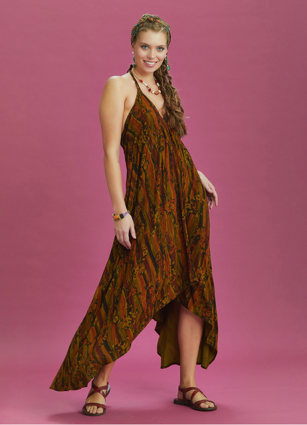 Backless Khaki Print Handkerchief Dress