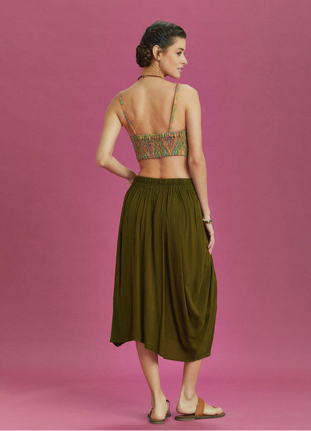 Button Closure Wrap Front Khaki Pleated Midi Skirt