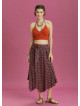 Orange Patterned Tie Waist Loose Midi Flared Skirt