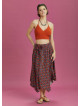 Orange Patterned Tie Waist Loose Midi Flared Skirt