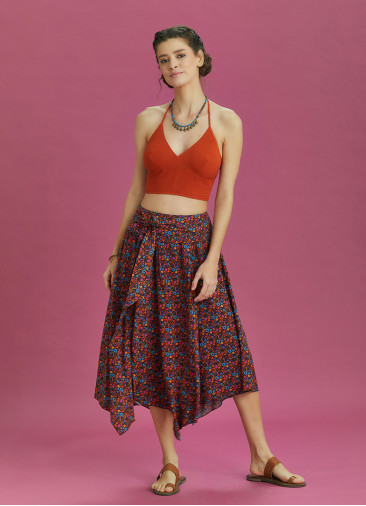 Orange Patterned Tie Waist Loose Midi Flared Skirt