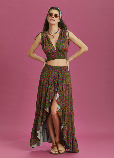 Split Front Frill Hem Green Print Long Gypsy Skirt