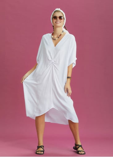 Twist Front Loose White Bat Wing Dress