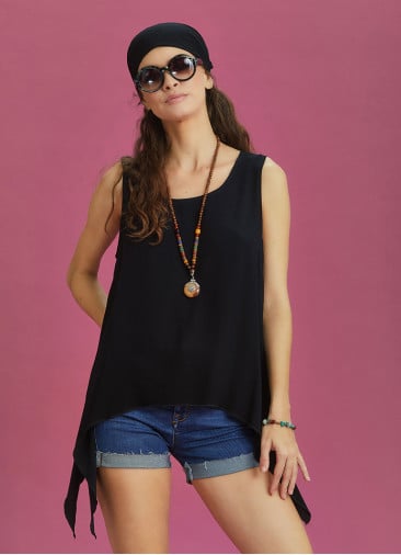 Loose Fit Side Slits Boat Neck Black Summer Top