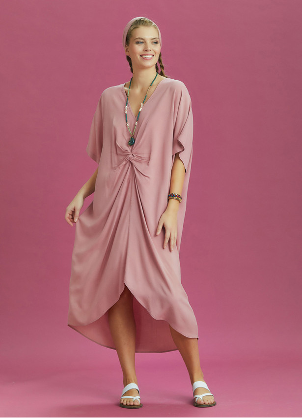 Twist Front Loose Pink Bat Wing Dress