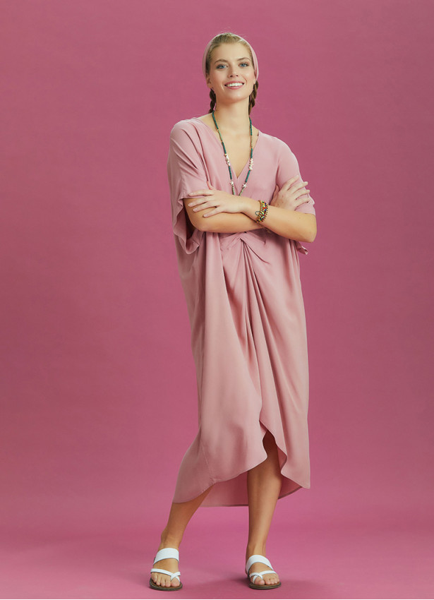 Twist Front Loose Pink Bat Wing Dress