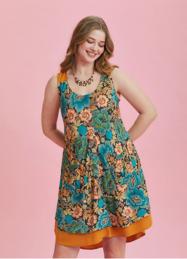 Front Pocket Detail Khaki Print Plus Size Sundress