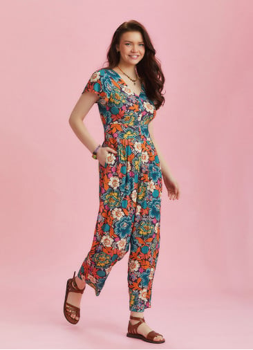 Half Sleeve Floral Patterned Bohemian Jumpsuit