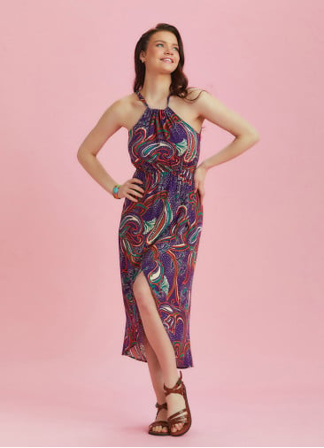 Purple Patterned Halter Neck Summer Dress