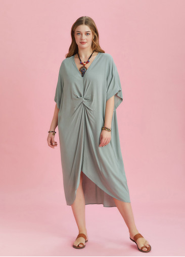 Twist Front Loose Green Bat Wing Plus Size Dress