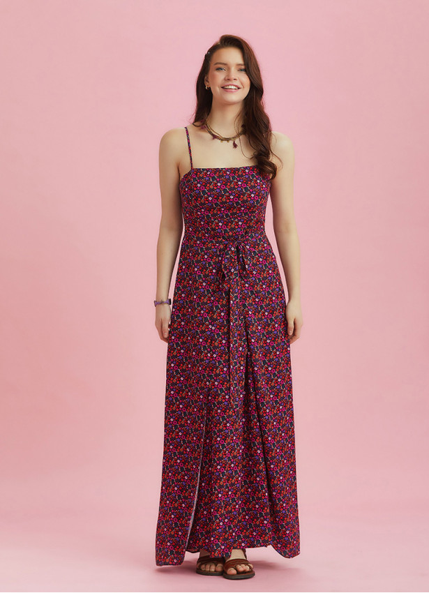 Flowers Patterned Strappy Wrap Maxi Dress