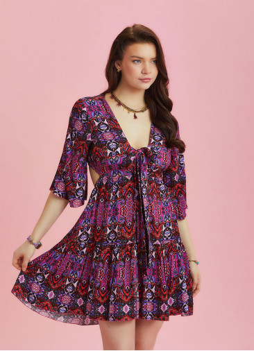 Frill Hem Tie Front Print Short Summer Dress