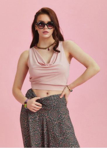 Elastic Hem Sleeveless Pink Cowl Neck Crop Top