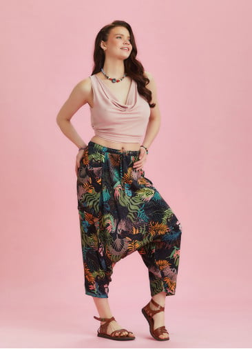 Black Floral Elastic Waist Capri Harem Pants