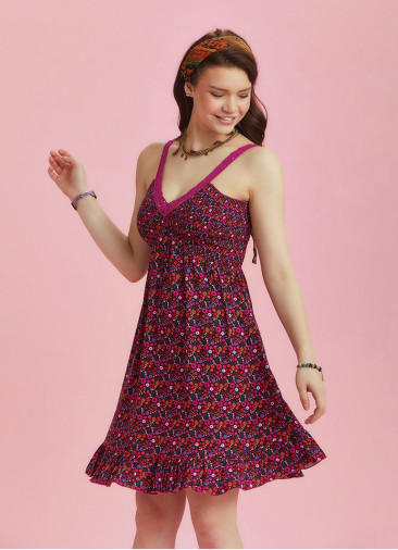 Fuchsia Flowers Patterned Lace Collar Strap Sundress