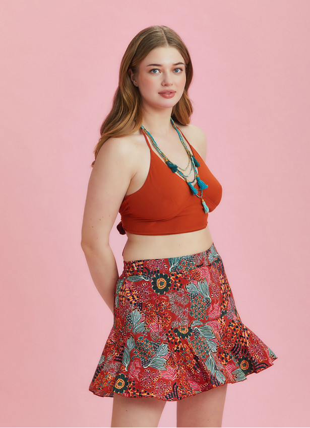 Boho Chic Style Red Print Ruffled Plus Size Skort