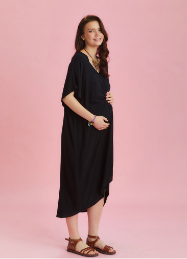 Twist Front Loose Black Bat Wing Maternity Dress