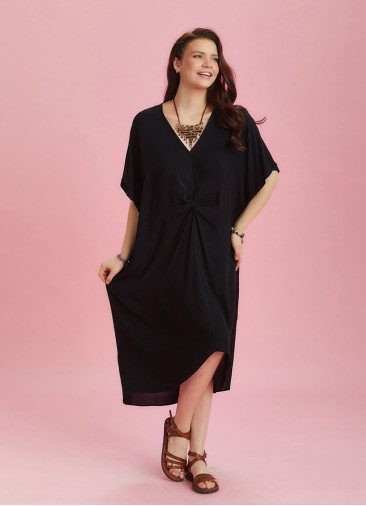 Twist Front Loose Black Bat Wing Dress