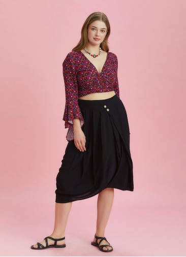 Button Closure Wrap Front Black Plus Size Skirt