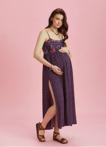 Strappy Button Back Pink Floral Slit Maternity Dress