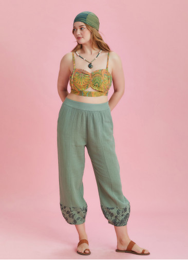 Rose Print Garnished Hem Detail Plus Size Pants