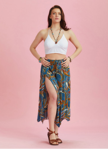 Blue Printed Loose Fit Split Front Hippie Pants