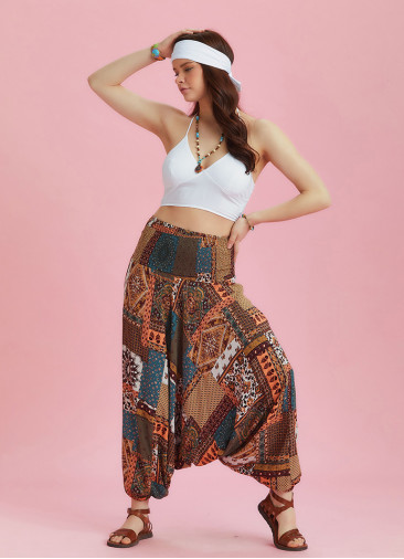 Wide Shirred Waist Boho Style Print Harem Pants