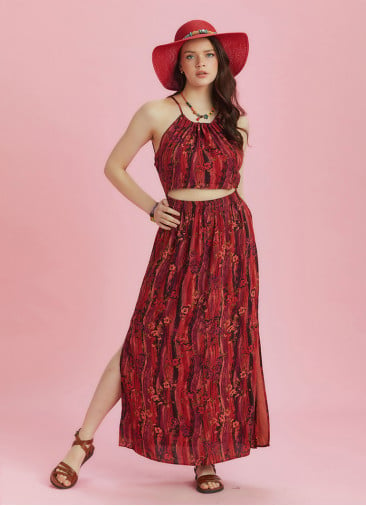 Open Back Halter Neck Red Printed Slit Sundress