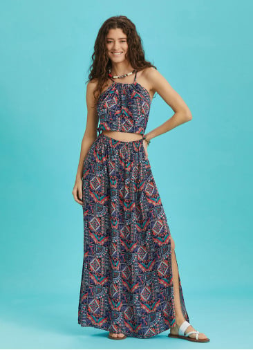 Open Back Halter Neck Printed Slit Sundress